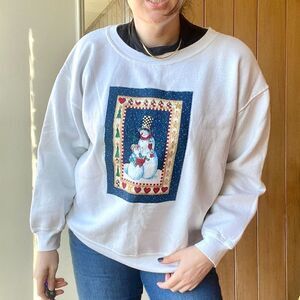 80s Hanes Her Way Wide Neck White Sweater DIY Snowman Graphic Sparkle Puff Paint